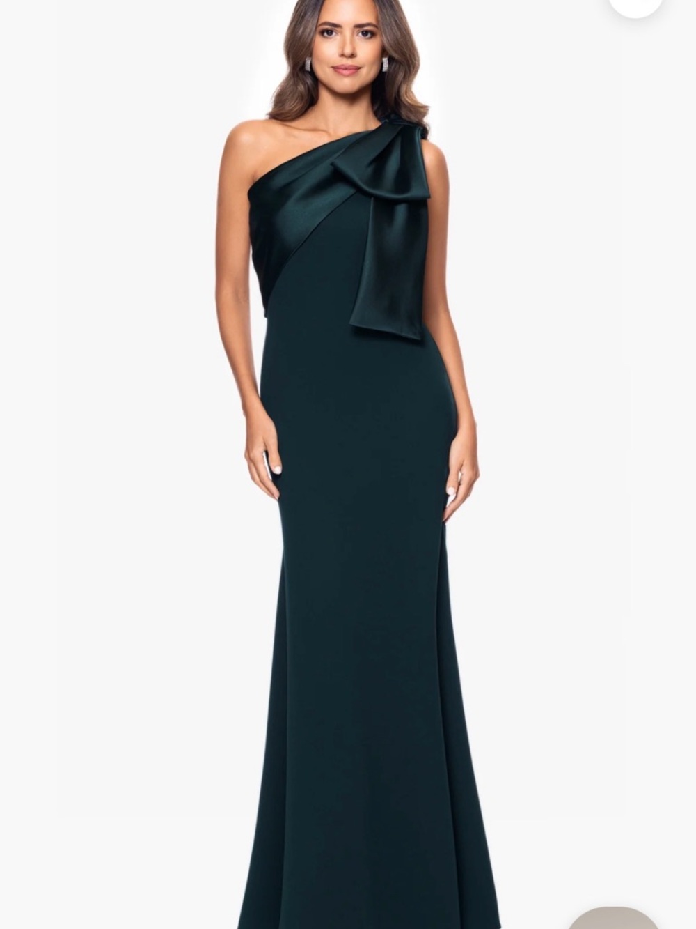 Betsy & Adam One-Shoulder Teal Evening Gown with Sculpted Bow